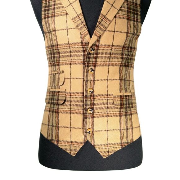 Mens 42R Wool Vest Beige Brown Rust Tartan Plaid Waistcoat Preppy Casual Formal - Picture 5 of 10